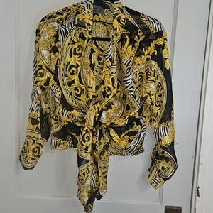 Baroque Print Tie-Front Blouse